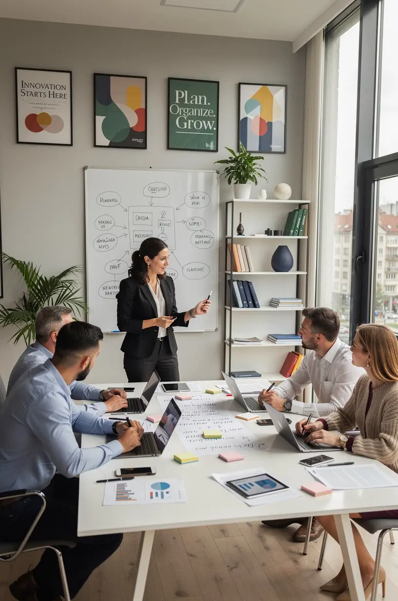 Echipă discutând strategii de organizare și optimizare a activităților cotidiene.